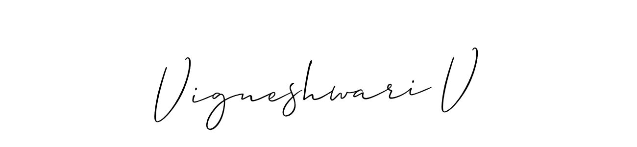 Use a signature maker to create a handwritten signature online. With this signature software, you can design (Allison_Script) your own signature for name Vigneshwari V. Vigneshwari V signature style 2 images and pictures png