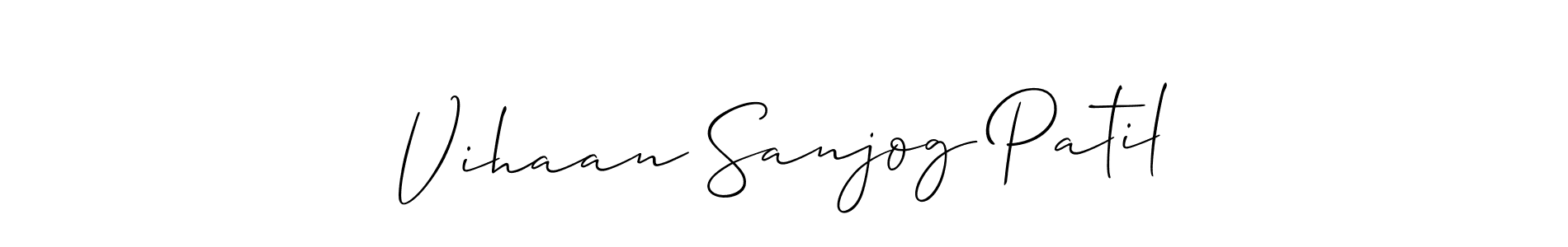 The best way (Allison_Script) to make a short signature is to pick only two or three words in your name. The name Vihaan Sanjog Patil include a total of six letters. For converting this name. Vihaan Sanjog Patil signature style 2 images and pictures png