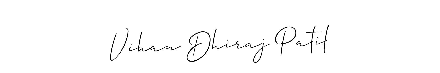 The best way (Allison_Script) to make a short signature is to pick only two or three words in your name. The name Vihan Dhiraj Patil include a total of six letters. For converting this name. Vihan Dhiraj Patil signature style 2 images and pictures png