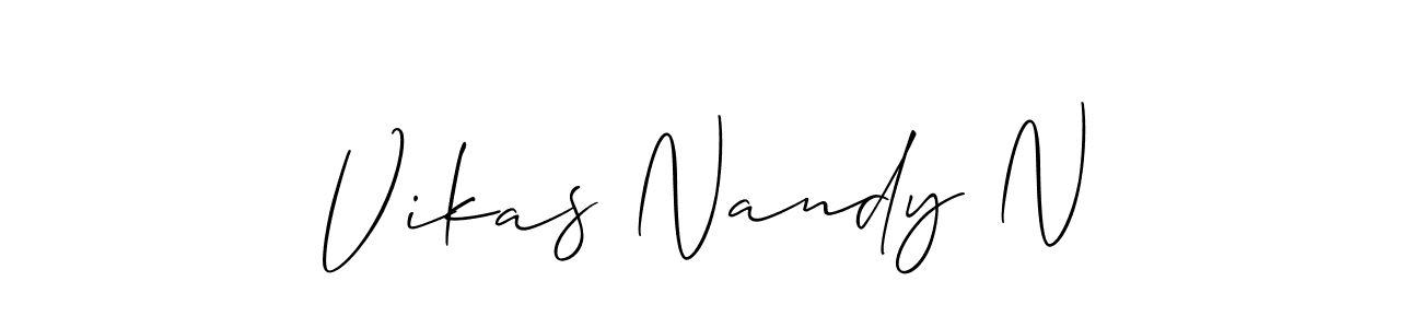 The best way (Allison_Script) to make a short signature is to pick only two or three words in your name. The name Vikas Nandy N include a total of six letters. For converting this name. Vikas Nandy N signature style 2 images and pictures png
