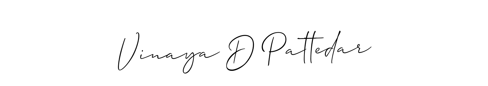 The best way (Allison_Script) to make a short signature is to pick only two or three words in your name. The name Vinaya D Pattedar include a total of six letters. For converting this name. Vinaya D Pattedar signature style 2 images and pictures png