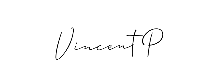 The best way (Allison_Script) to make a short signature is to pick only two or three words in your name. The name Vincent P include a total of six letters. For converting this name. Vincent P signature style 2 images and pictures png