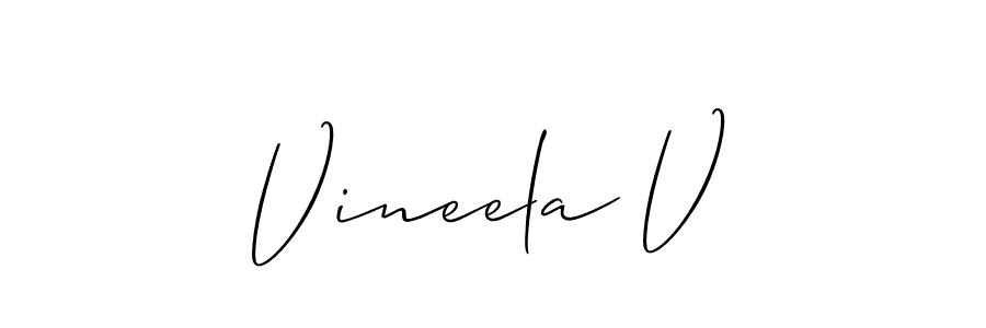 It looks lik you need a new signature style for name Vineela V. Design unique handwritten (Allison_Script) signature with our free signature maker in just a few clicks. Vineela V signature style 2 images and pictures png