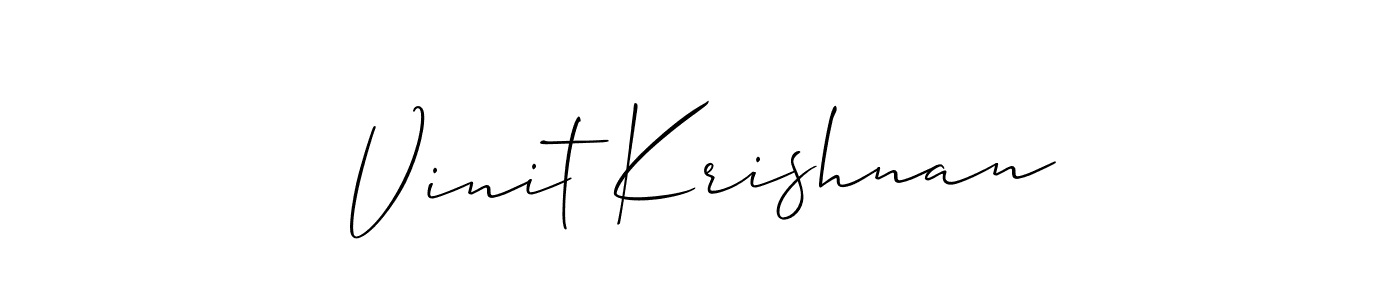 The best way (Allison_Script) to make a short signature is to pick only two or three words in your name. The name Vinit Krishnan include a total of six letters. For converting this name. Vinit Krishnan signature style 2 images and pictures png