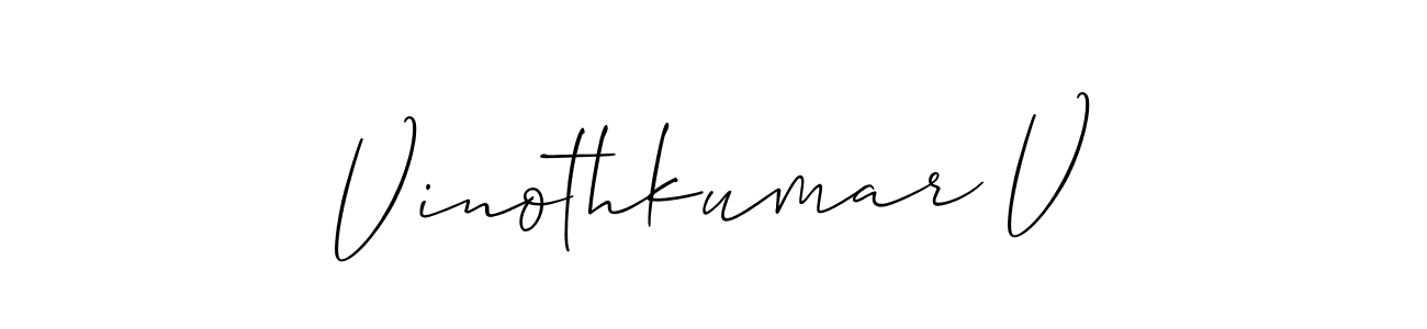 if you are searching for the best signature style for your name Vinothkumar V. so please give up your signature search. here we have designed multiple signature styles  using Allison_Script. Vinothkumar V signature style 2 images and pictures png