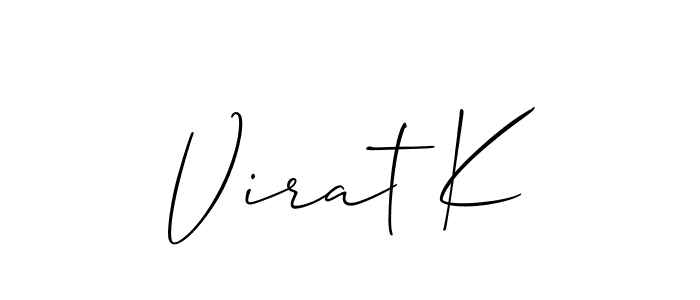 The best way (Allison_Script) to make a short signature is to pick only two or three words in your name. The name Virat K include a total of six letters. For converting this name. Virat K signature style 2 images and pictures png
