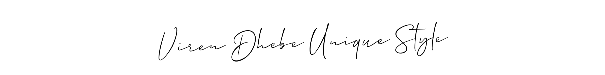 The best way (Allison_Script) to make a short signature is to pick only two or three words in your name. The name Viren Dhebe Unique Style include a total of six letters. For converting this name. Viren Dhebe Unique Style signature style 2 images and pictures png