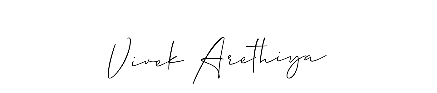 if you are searching for the best signature style for your name Vivek Arethiya. so please give up your signature search. here we have designed multiple signature styles  using Allison_Script. Vivek Arethiya signature style 2 images and pictures png