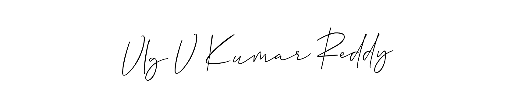 The best way (Allison_Script) to make a short signature is to pick only two or three words in your name. The name Vlg V Kumar Reddy include a total of six letters. For converting this name. Vlg V Kumar Reddy signature style 2 images and pictures png