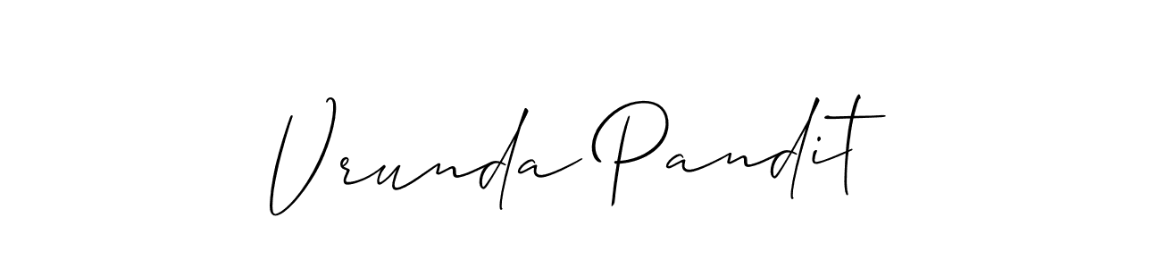 The best way (Allison_Script) to make a short signature is to pick only two or three words in your name. The name Vrunda Pandit include a total of six letters. For converting this name. Vrunda Pandit signature style 2 images and pictures png