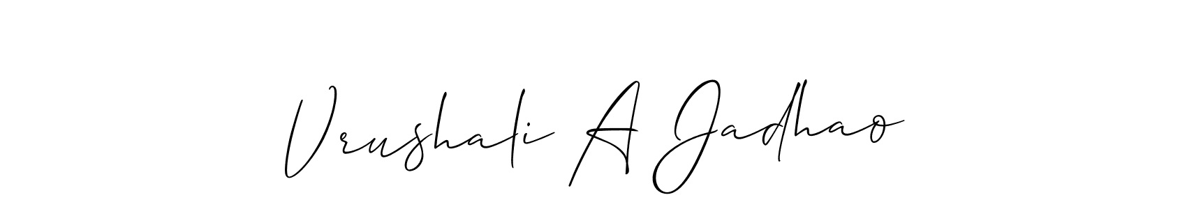 The best way (Allison_Script) to make a short signature is to pick only two or three words in your name. The name Vrushali A Jadhao include a total of six letters. For converting this name. Vrushali A Jadhao signature style 2 images and pictures png