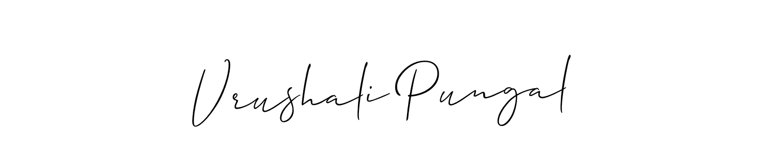 The best way (Allison_Script) to make a short signature is to pick only two or three words in your name. The name Vrushali Pungal include a total of six letters. For converting this name. Vrushali Pungal signature style 2 images and pictures png