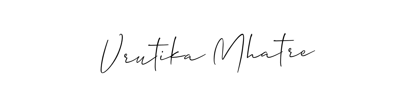 The best way (Allison_Script) to make a short signature is to pick only two or three words in your name. The name Vrutika Mhatre include a total of six letters. For converting this name. Vrutika Mhatre signature style 2 images and pictures png