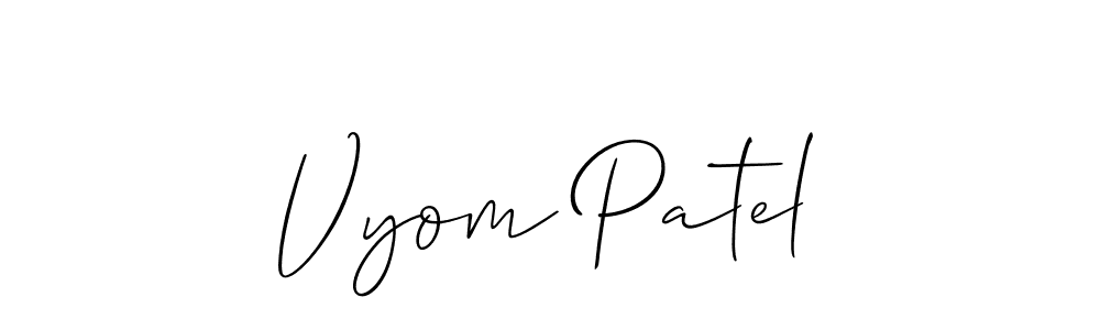 The best way (Allison_Script) to make a short signature is to pick only two or three words in your name. The name Vyom Patel include a total of six letters. For converting this name. Vyom Patel signature style 2 images and pictures png
