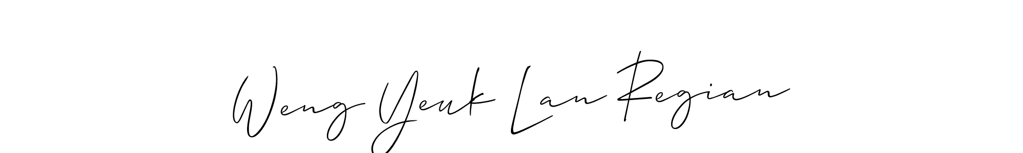 Design your own signature with our free online signature maker. With this signature software, you can create a handwritten (Allison_Script) signature for name Weng Yeuk Lan Regian. Weng Yeuk Lan Regian signature style 2 images and pictures png