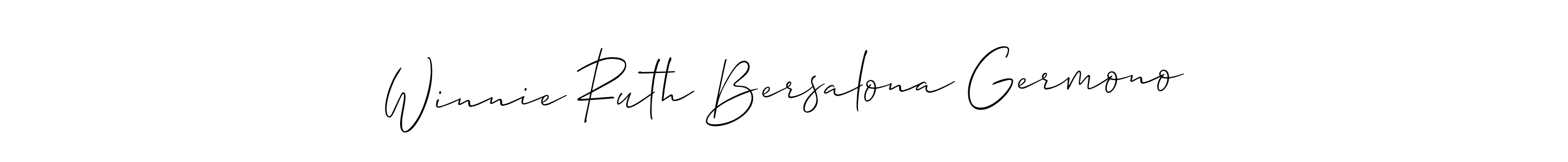 The best way (Allison_Script) to make a short signature is to pick only two or three words in your name. The name Winnie Ruth Bersalona Germono include a total of six letters. For converting this name. Winnie Ruth Bersalona Germono signature style 2 images and pictures png