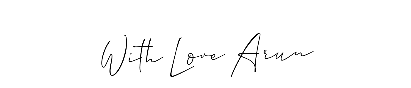The best way (Allison_Script) to make a short signature is to pick only two or three words in your name. The name With Love Arun include a total of six letters. For converting this name. With Love Arun signature style 2 images and pictures png