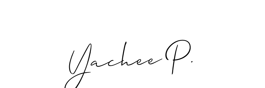 The best way (Allison_Script) to make a short signature is to pick only two or three words in your name. The name Yachee P. include a total of six letters. For converting this name. Yachee P. signature style 2 images and pictures png