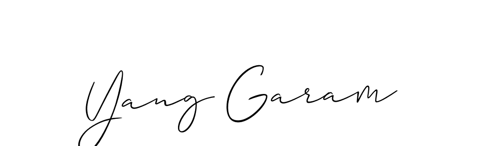 The best way (Allison_Script) to make a short signature is to pick only two or three words in your name. The name Yang Garam include a total of six letters. For converting this name. Yang Garam signature style 2 images and pictures png