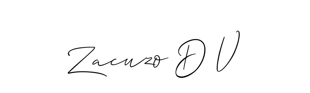 The best way (Allison_Script) to make a short signature is to pick only two or three words in your name. The name Zacuzo D V include a total of six letters. For converting this name. Zacuzo D V signature style 2 images and pictures png