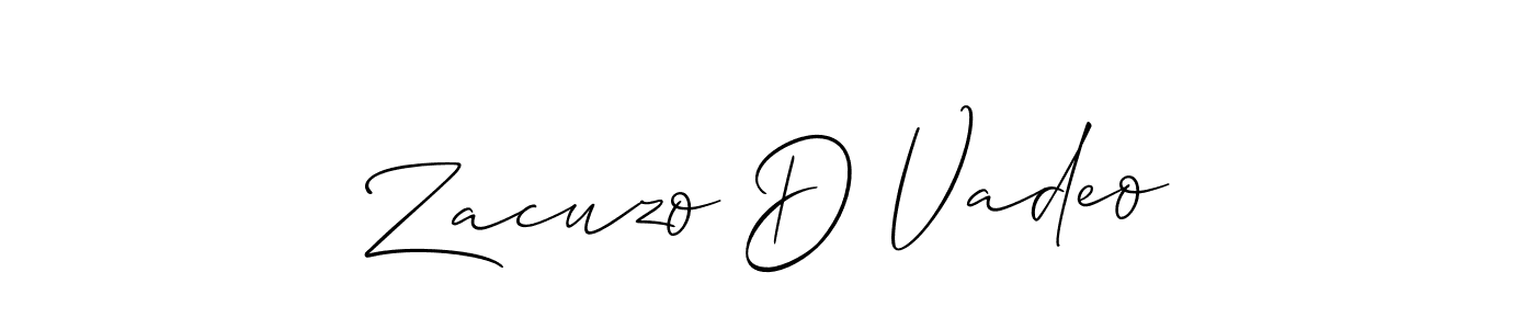The best way (Allison_Script) to make a short signature is to pick only two or three words in your name. The name Zacuzo D Vadeo include a total of six letters. For converting this name. Zacuzo D Vadeo signature style 2 images and pictures png