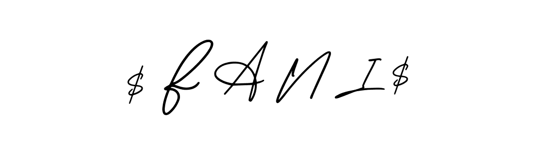 Use a signature maker to create a handwritten signature online. With this signature software, you can design (AmerikaSignatureDemo-Regular) your own signature for name $ F A N I $. $ F A N I $ signature style 3 images and pictures png