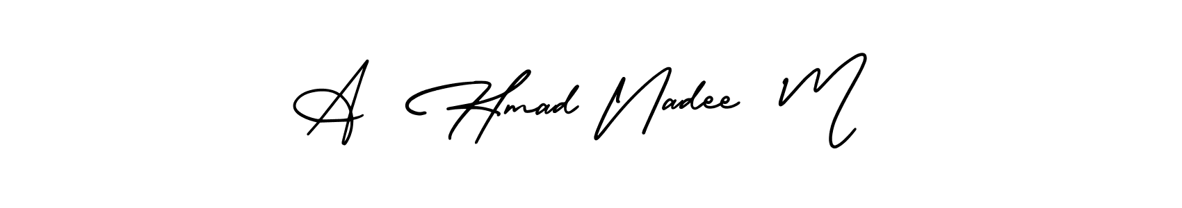 The best way (AmerikaSignatureDemo-Regular) to make a short signature is to pick only two or three words in your name. The name A  Hmad Nadee  M  include a total of six letters. For converting this name. A  Hmad Nadee  M  signature style 3 images and pictures png