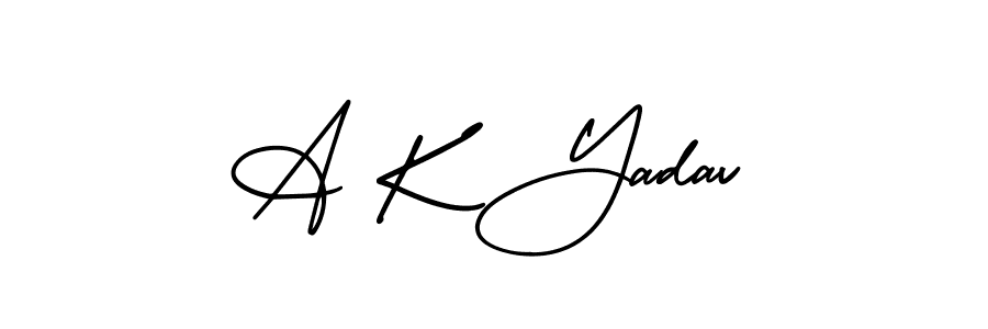 You should practise on your own different ways (AmerikaSignatureDemo-Regular) to write your name (A K Yadav) in signature. don't let someone else do it for you. A K Yadav signature style 3 images and pictures png