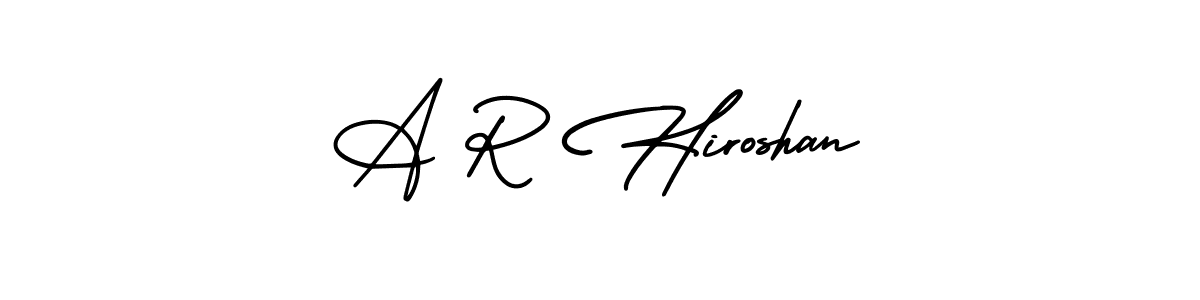 You should practise on your own different ways (AmerikaSignatureDemo-Regular) to write your name (A R Hiroshan) in signature. don't let someone else do it for you. A R Hiroshan signature style 3 images and pictures png