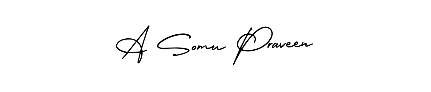 You should practise on your own different ways (AmerikaSignatureDemo-Regular) to write your name (A Somu Praveen) in signature. don't let someone else do it for you. A Somu Praveen signature style 3 images and pictures png