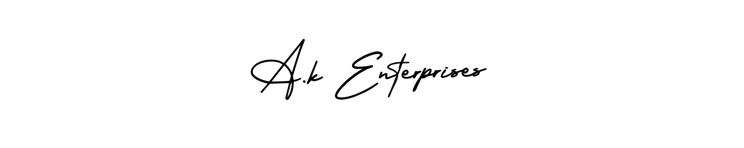 The best way (AmerikaSignatureDemo-Regular) to make a short signature is to pick only two or three words in your name. The name A.k Enterprises include a total of six letters. For converting this name. A.k Enterprises signature style 3 images and pictures png