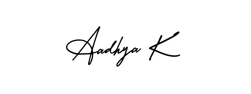 You should practise on your own different ways (AmerikaSignatureDemo-Regular) to write your name (Aadhya K) in signature. don't let someone else do it for you. Aadhya K signature style 3 images and pictures png