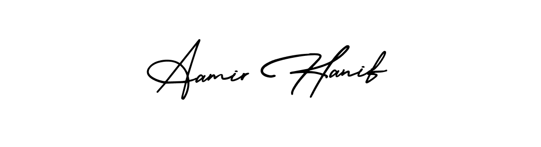 The best way (AmerikaSignatureDemo-Regular) to make a short signature is to pick only two or three words in your name. The name Aamir Hanif include a total of six letters. For converting this name. Aamir Hanif signature style 3 images and pictures png