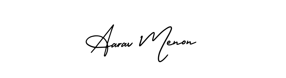This is the best signature style for the Aarav Menon name. Also you like these signature font (AmerikaSignatureDemo-Regular). Mix name signature. Aarav Menon signature style 3 images and pictures png
