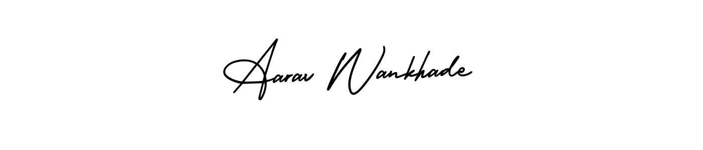 This is the best signature style for the Aarav Wankhade name. Also you like these signature font (AmerikaSignatureDemo-Regular). Mix name signature. Aarav Wankhade signature style 3 images and pictures png