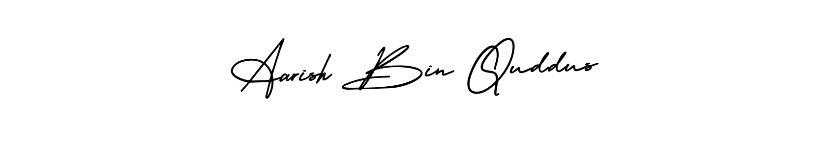 The best way (AmerikaSignatureDemo-Regular) to make a short signature is to pick only two or three words in your name. The name Aarish Bin Quddus include a total of six letters. For converting this name. Aarish Bin Quddus signature style 3 images and pictures png