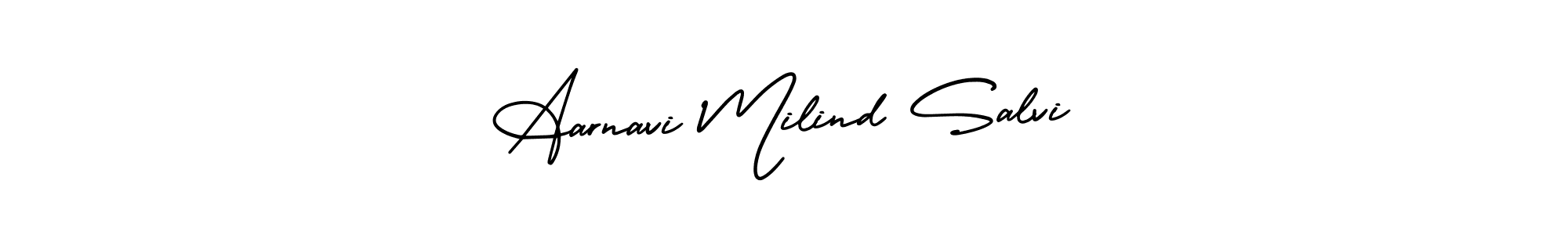 This is the best signature style for the Aarnavi Milind Salvi name. Also you like these signature font (AmerikaSignatureDemo-Regular). Mix name signature. Aarnavi Milind Salvi signature style 3 images and pictures png