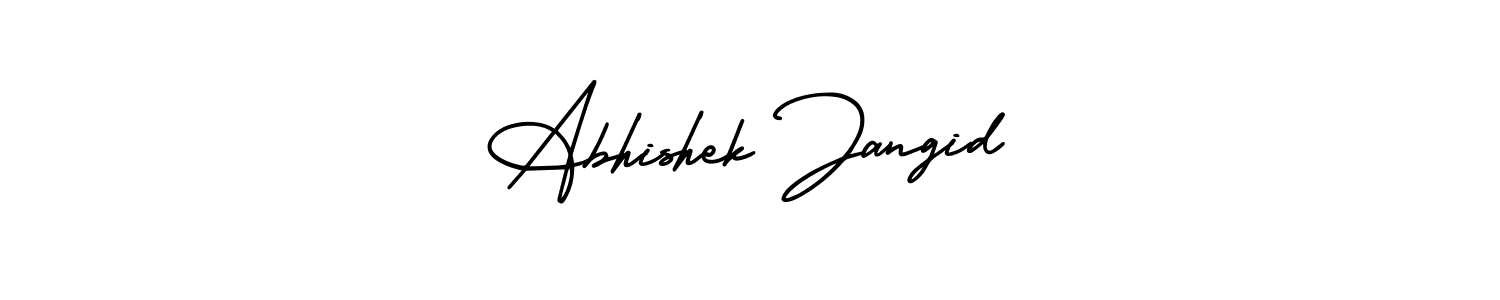 You should practise on your own different ways (AmerikaSignatureDemo-Regular) to write your name (Abhishek Jangid) in signature. don't let someone else do it for you. Abhishek Jangid signature style 3 images and pictures png