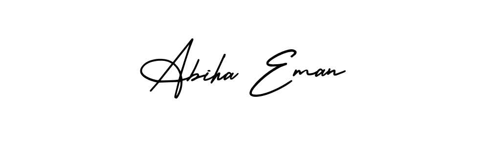 You should practise on your own different ways (AmerikaSignatureDemo-Regular) to write your name (Abiha Eman) in signature. don't let someone else do it for you. Abiha Eman signature style 3 images and pictures png
