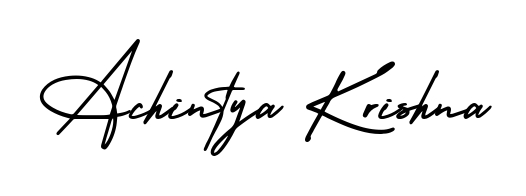 A timeless handwritten aesthetic for Achintya Krishna. The AmerikaSignatureDemo-Regular font gives your signature a handcrafted feel with natural curves. Achintya Krishna signature style 3 images and pictures png
