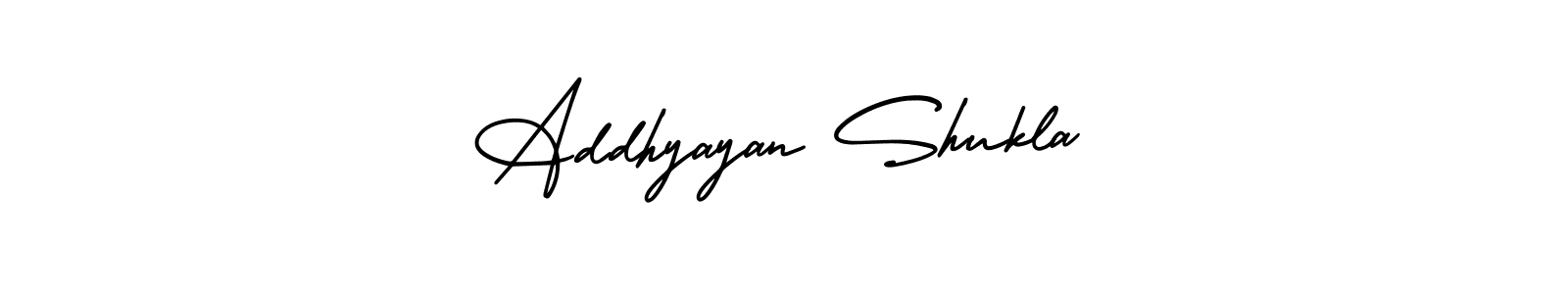 The best way (AmerikaSignatureDemo-Regular) to make a short signature is to pick only two or three words in your name. The name Addhyayan Shukla include a total of six letters. For converting this name. Addhyayan Shukla signature style 3 images and pictures png