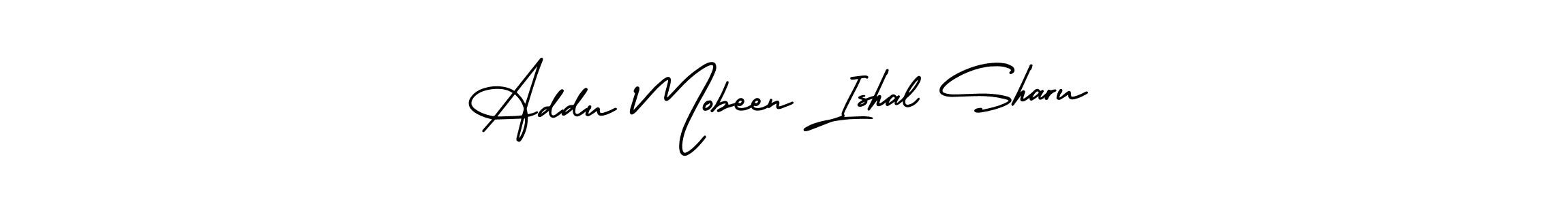The best way (AmerikaSignatureDemo-Regular) to make a short signature is to pick only two or three words in your name. The name Addu Mobeen Ishal Sharu include a total of six letters. For converting this name. Addu Mobeen Ishal Sharu signature style 3 images and pictures png
