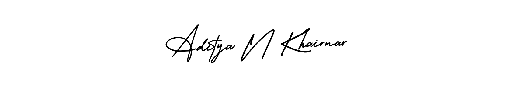 You should practise on your own different ways (AmerikaSignatureDemo-Regular) to write your name (Aditya N Khairnar) in signature. don't let someone else do it for you. Aditya N Khairnar signature style 3 images and pictures png