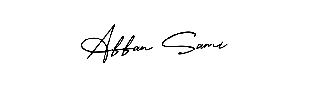 You should practise on your own different ways (AmerikaSignatureDemo-Regular) to write your name (Affan Sami) in signature. don't let someone else do it for you. Affan Sami signature style 3 images and pictures png