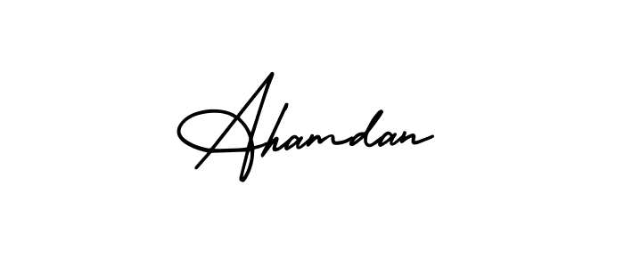 You should practise on your own different ways (AmerikaSignatureDemo-Regular) to write your name (Ahamdan) in signature. don't let someone else do it for you. Ahamdan signature style 3 images and pictures png