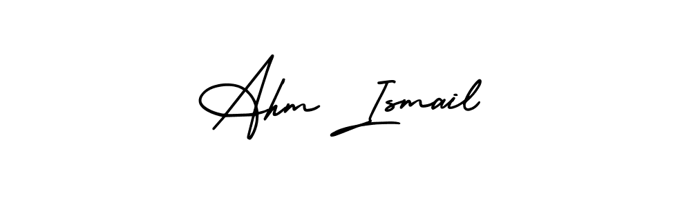 You should practise on your own different ways (AmerikaSignatureDemo-Regular) to write your name (Ahm Ismail) in signature. don't let someone else do it for you. Ahm Ismail signature style 3 images and pictures png