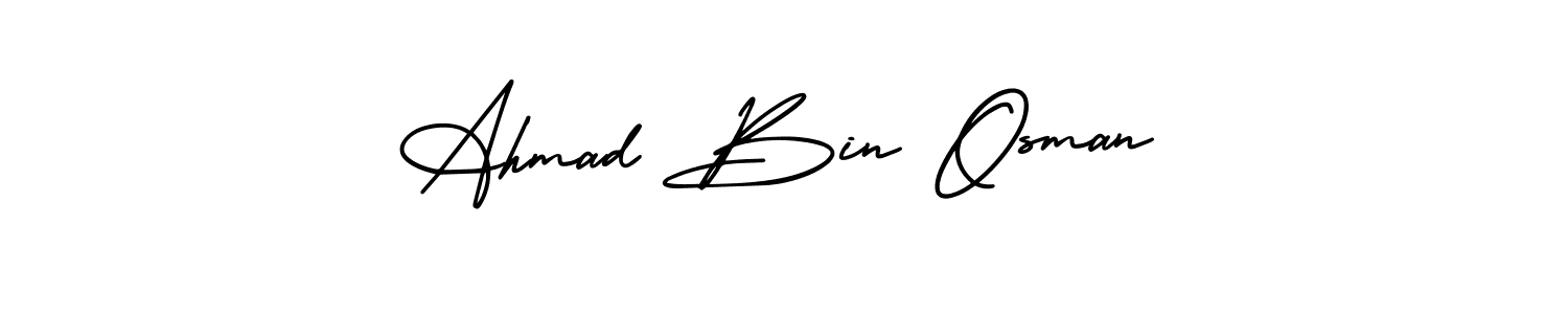 You should practise on your own different ways (AmerikaSignatureDemo-Regular) to write your name (Ahmad Bin Osman) in signature. don't let someone else do it for you. Ahmad Bin Osman signature style 3 images and pictures png