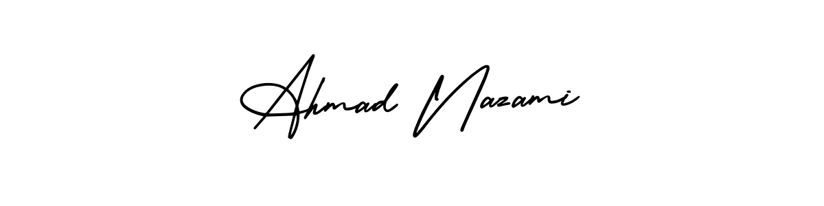 You should practise on your own different ways (AmerikaSignatureDemo-Regular) to write your name (Ahmad Nazami) in signature. don't let someone else do it for you. Ahmad Nazami signature style 3 images and pictures png