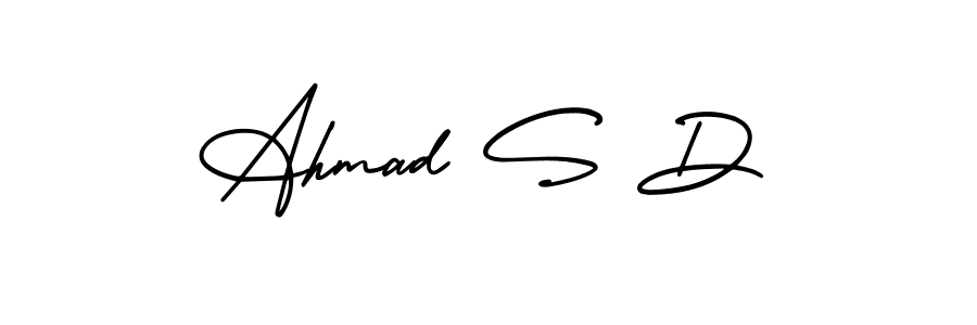 You should practise on your own different ways (AmerikaSignatureDemo-Regular) to write your name (Ahmad S D) in signature. don't let someone else do it for you. Ahmad S D signature style 3 images and pictures png