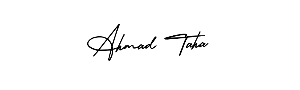 You should practise on your own different ways (AmerikaSignatureDemo-Regular) to write your name (Ahmad Taha) in signature. don't let someone else do it for you. Ahmad Taha signature style 3 images and pictures png